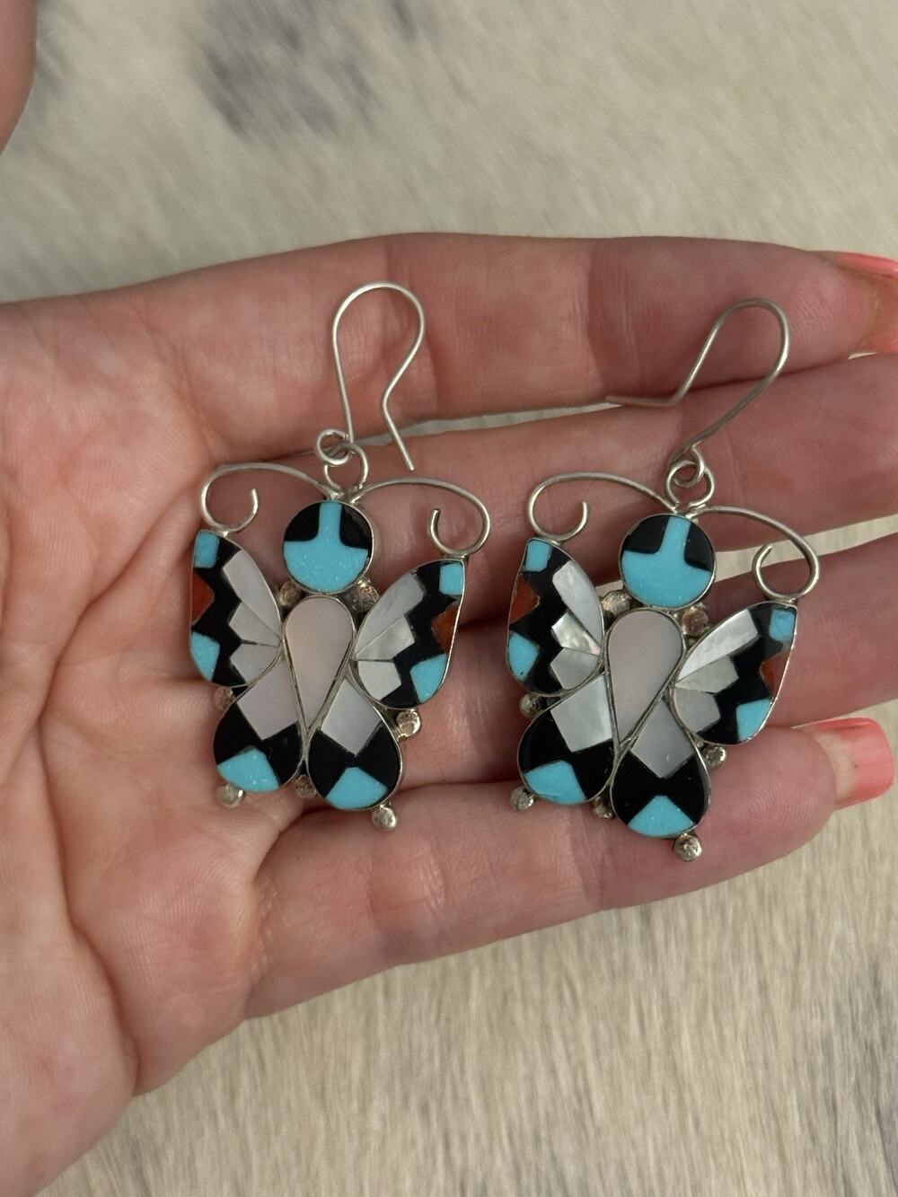 Zuni Sterling Silver Allison Dishta Inlay Butterfly Earrings Turquoise Coral MOP